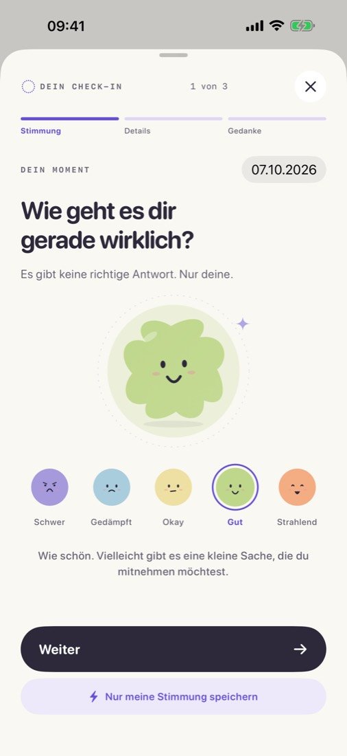 Check-in in mimo: „Wie geht es dir gerade wirklich?“ mit fünf Gesichtern von Schwer bis Strahlend.